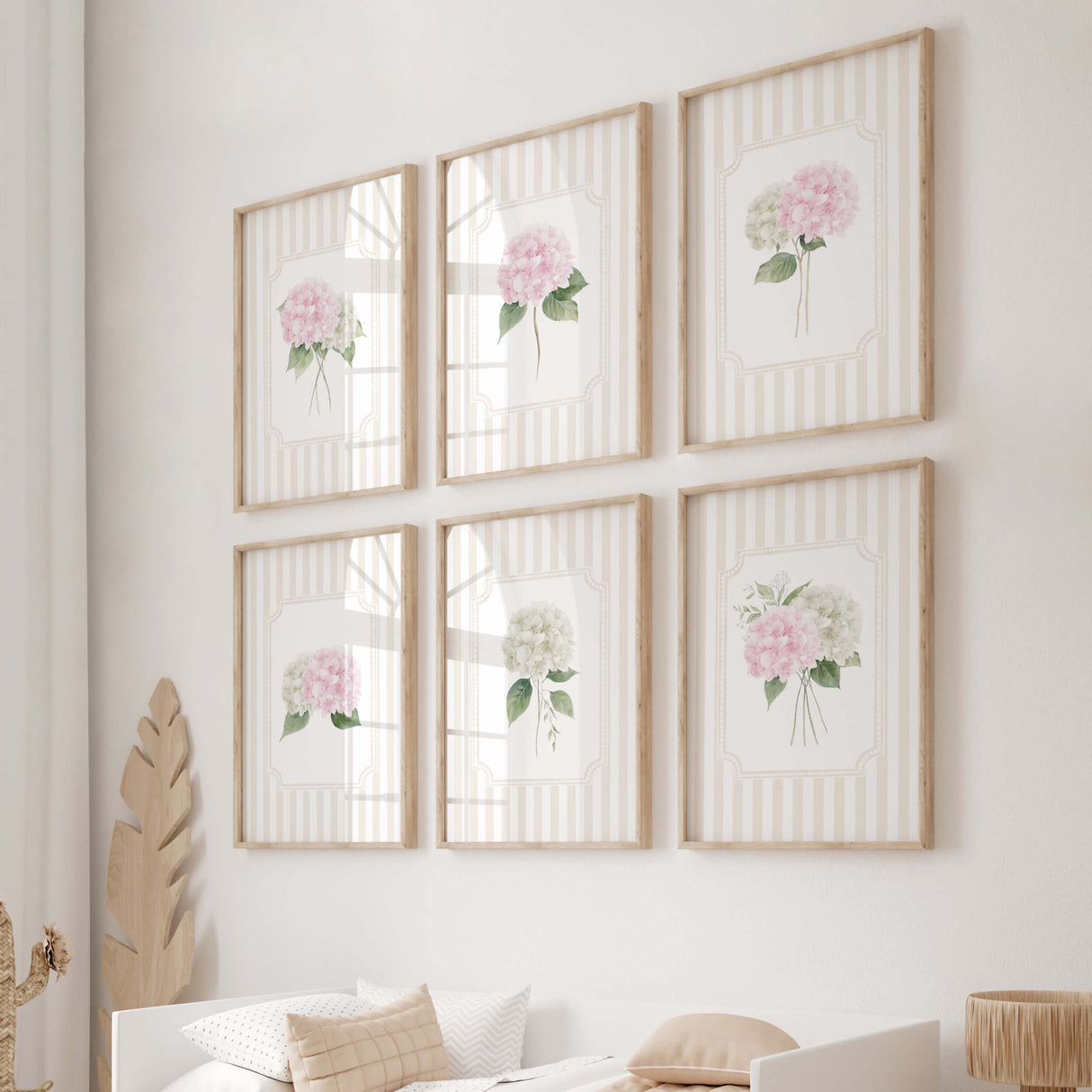 Cottagecore beige botanical pink white hydrangea printable poster collection