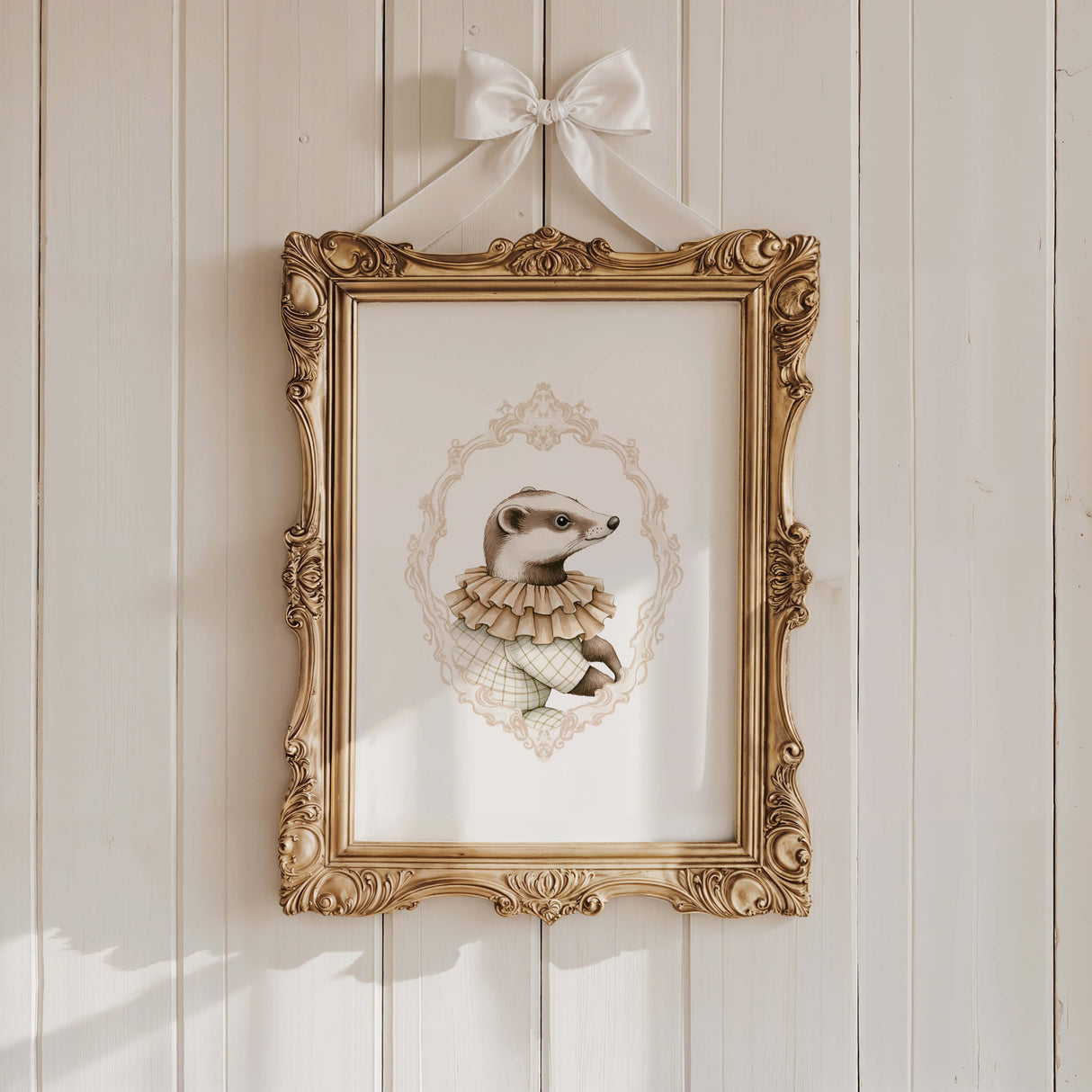 Watercolor beige vintage badger portrait with beige baroque crest print for gender neutral nursery decor, victorian nursery decor, beige white nursery decor, rococo nursery decor, luxury nursery decor, baroque nursery decor.