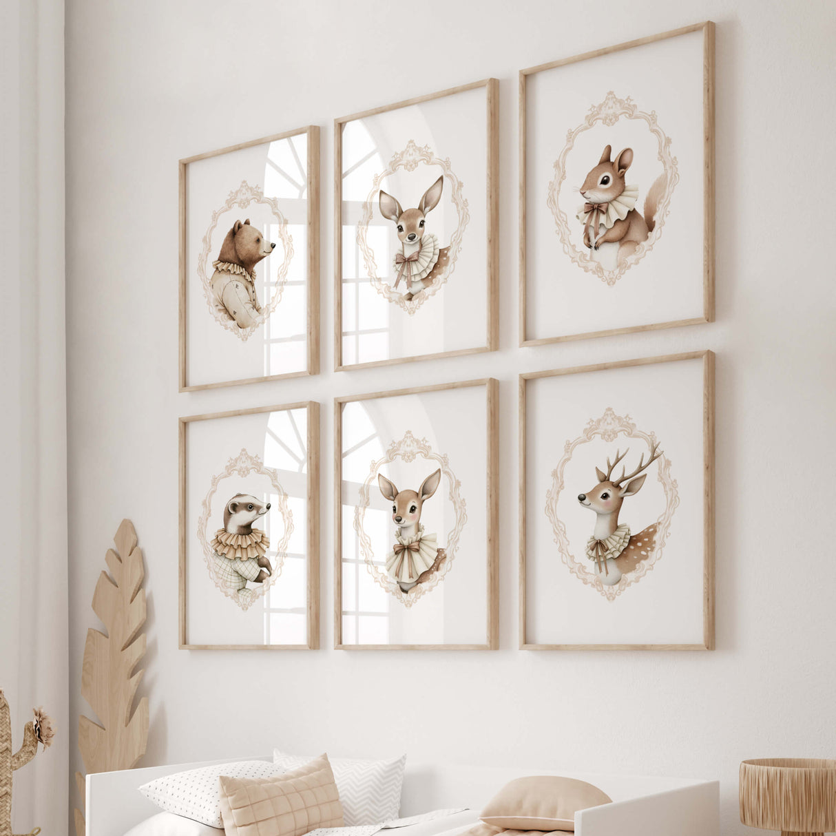Watercolor beige vintage woodland animal portrait with beige baroque crest print for gender neutral nursery decor, victorian nursery decor, beige white nursery decor, rococo nursery decor, luxury nursery decor, baroque nursery decor, includes animals: deer, bear, squirrel, badger.