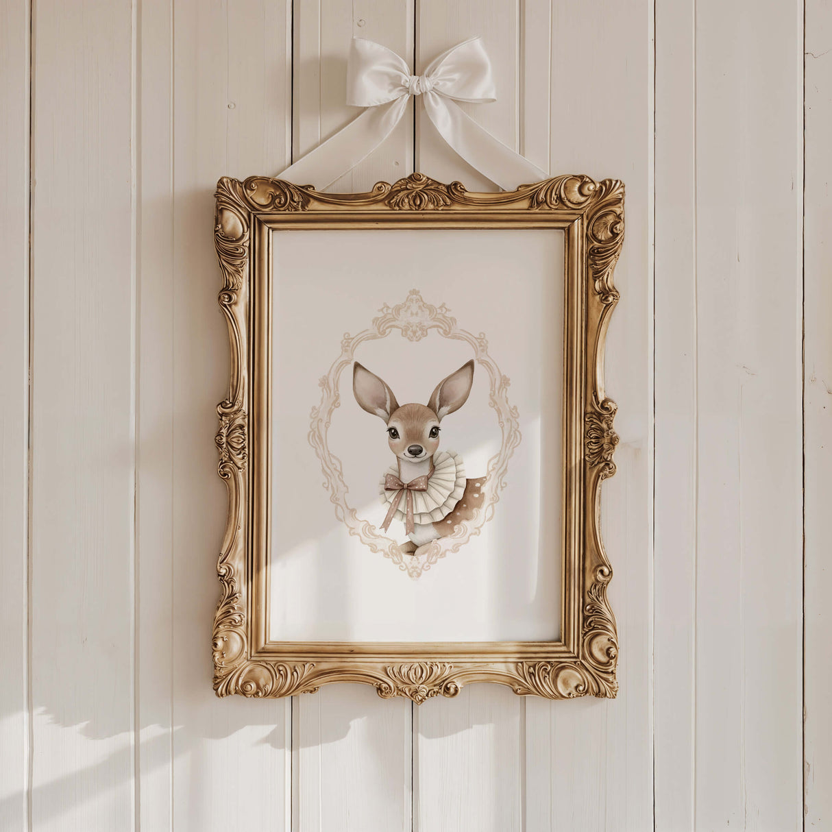 Watercolor beige vintage deer portrait with beige baroque crest print for gender neutral nursery decor, victorian nursery decor, beige white nursery decor, rococo nursery decor, luxury nursery decor, baroque nursery decor.