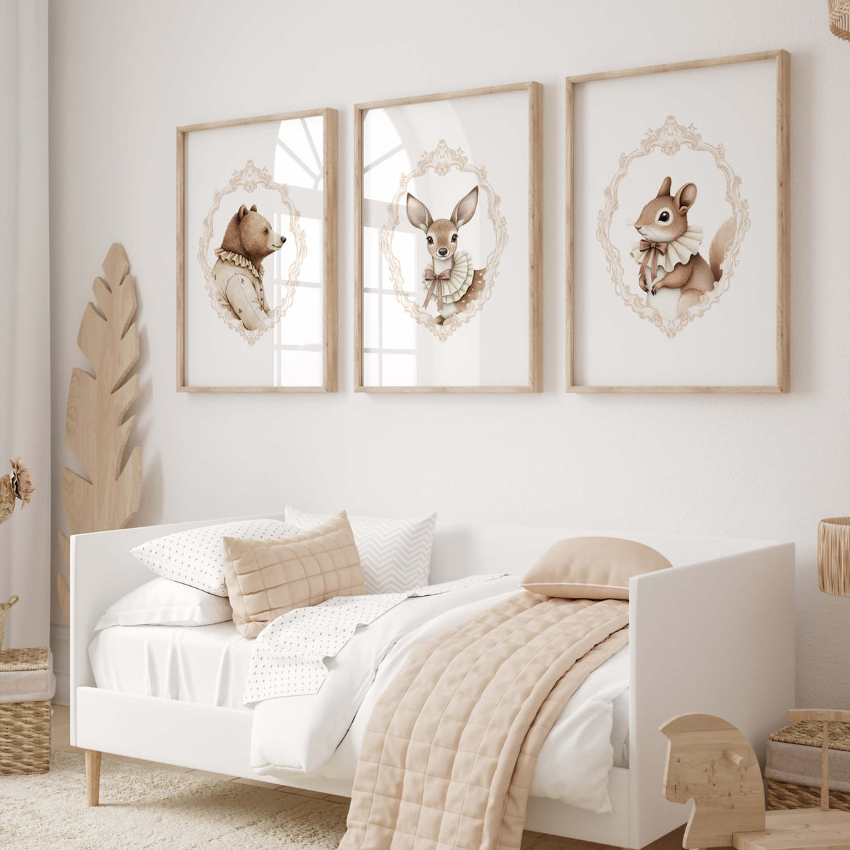 Watercolor beige vintage woodland animal portrait with beige baroque crest poster for gender neutral nursery decor, victorian nursery decor, beige white nursery decor, rococo nursery decor, luxury nursery decor, baroque nursery decor, includes animals: deer, bear, squirrel, badger.