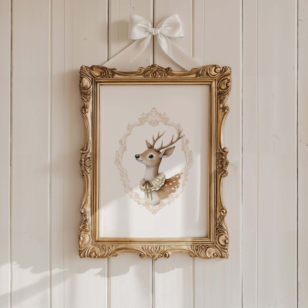 Watercolor beige vintage deer portrait with beige baroque crest print for gender neutral nursery decor, victorian nursery decor, beige white nursery decor, rococo nursery decor, luxury nursery decor, baroque nursery decor.