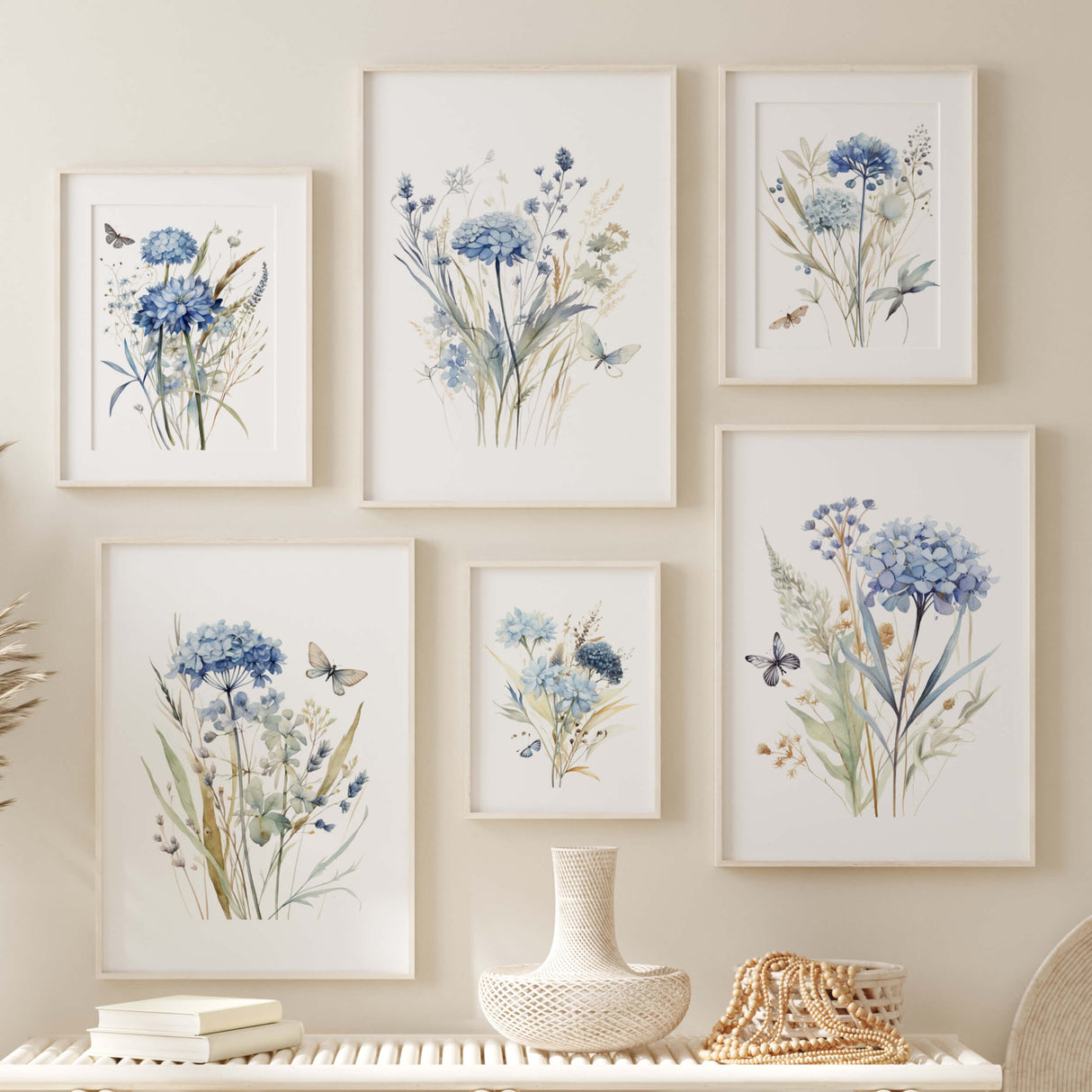 Watercolor blue wildflower print for neutral spring home decor.