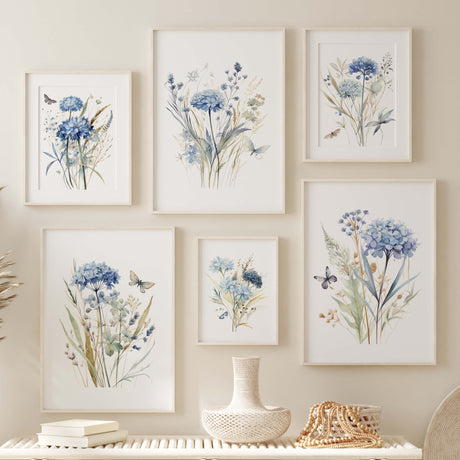 Watercolor blue wildflower print for neutral spring home decor.