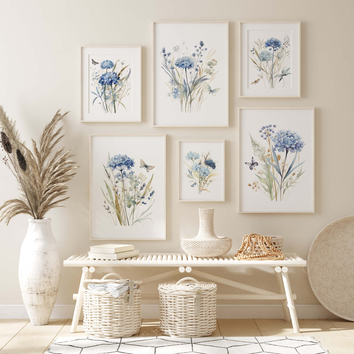 Watercolor blue wildflower print for neutral spring wall decor.