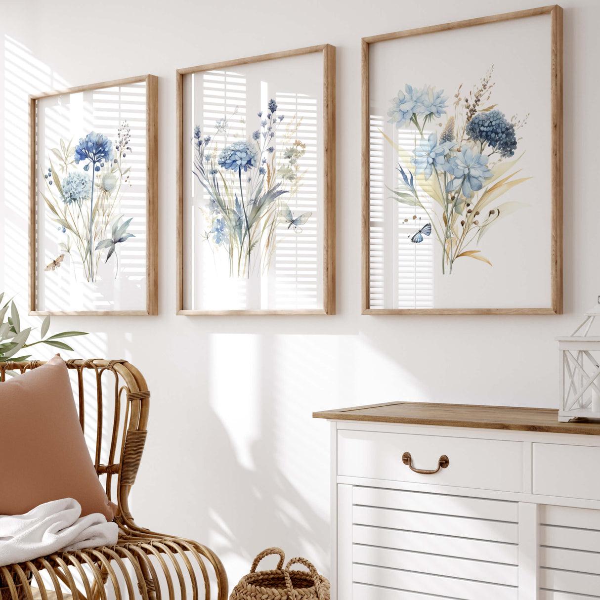 Set of 3 watercolor blue wildflower print for neutral spring home decor.