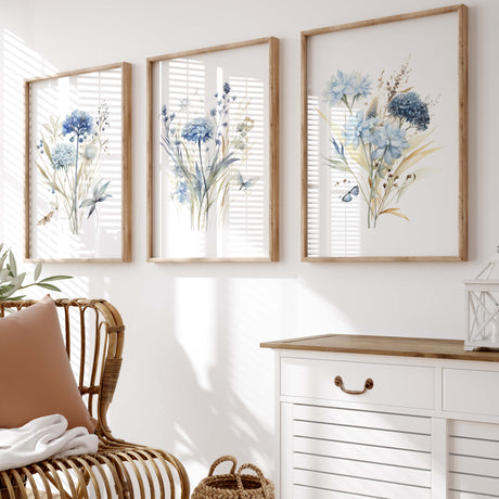 Set of 3 watercolor blue wildflower print for neutral spring home decor.