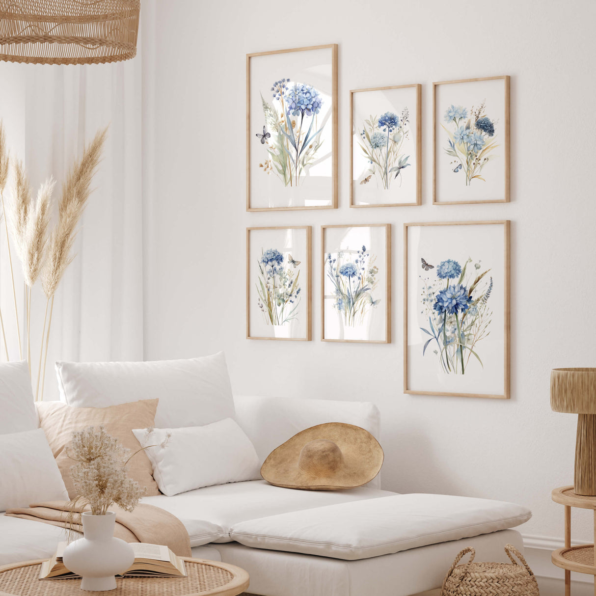 Set of 6 watercolor blue wildflower print for neutral spring home decor.