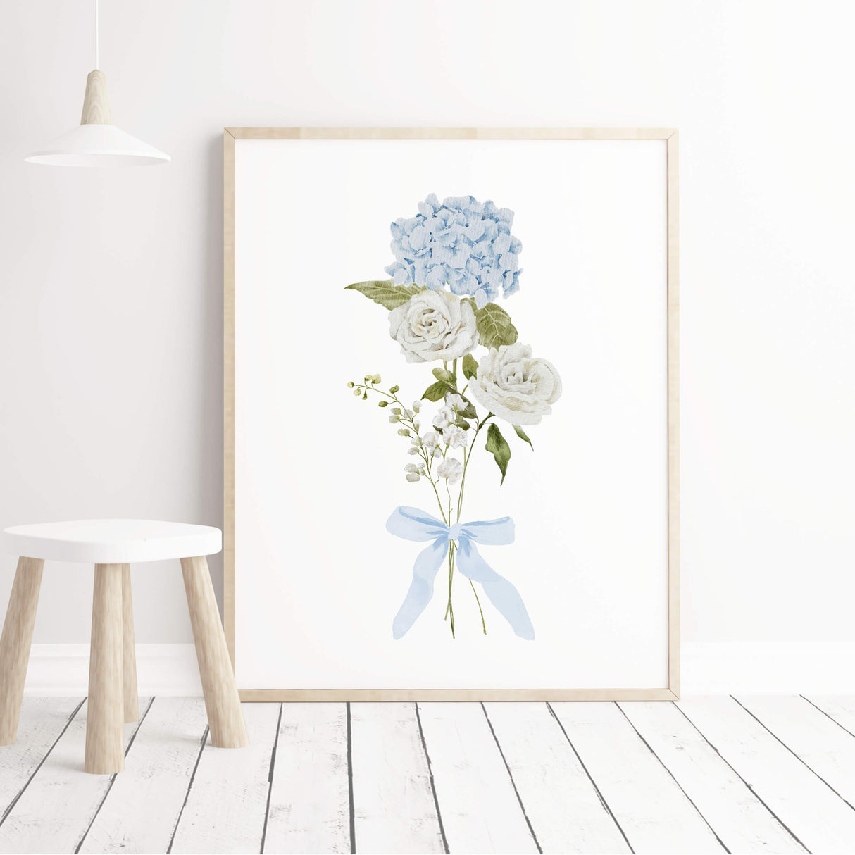 soft blue and white floral wall art digital print set for modern home or nursery wall gallery