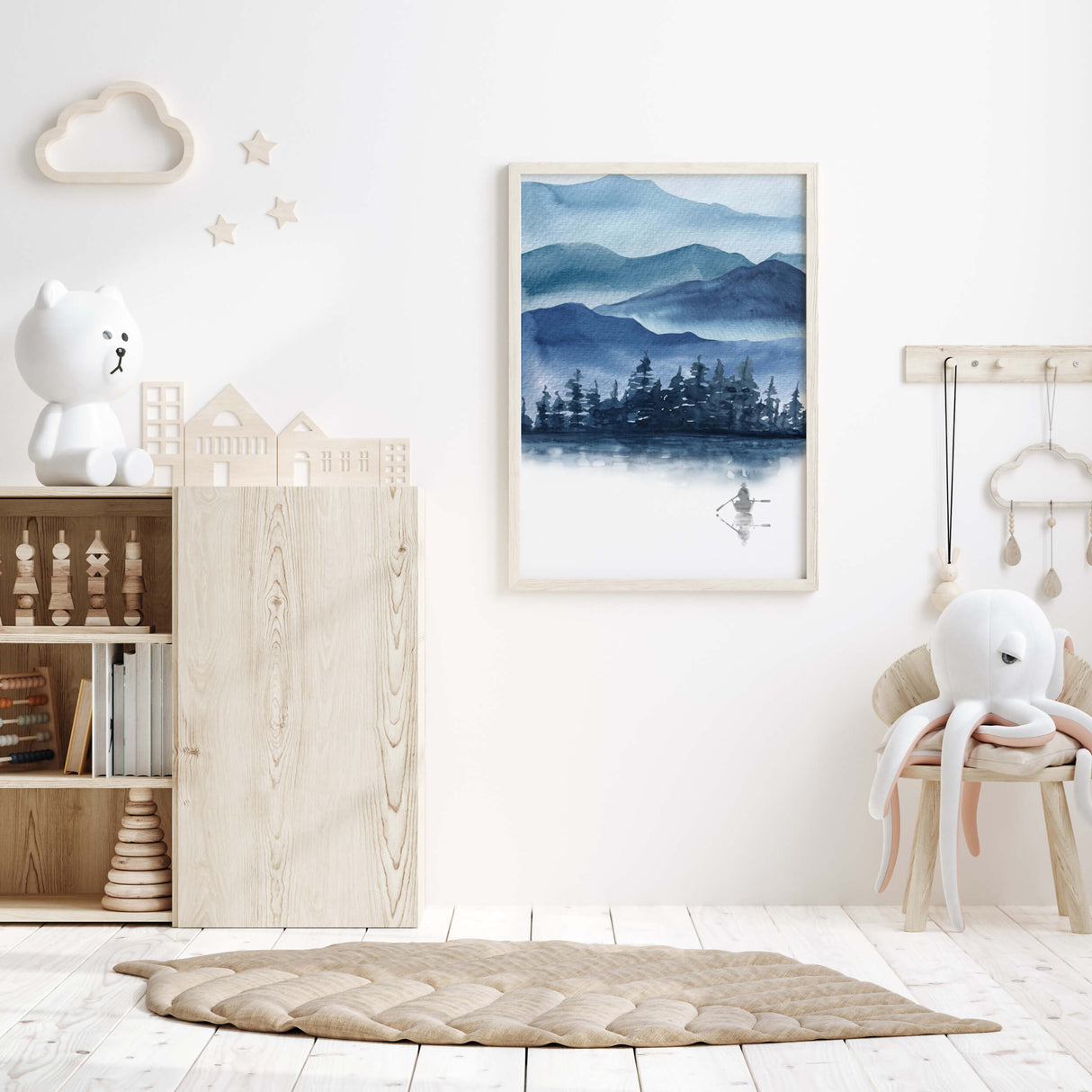 Watercolor blue mountains landscape printable with a boating man for neutral home decor, white home decor, boho home decor.