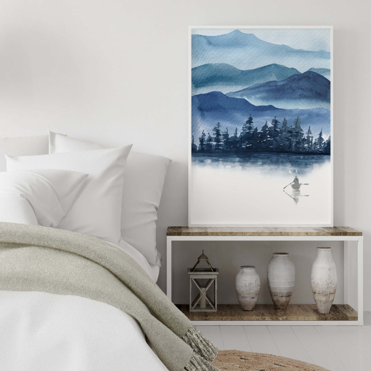 Watercolor blue mountains landscape poster with a boating man for neutral home decor, white home decor, boho home decor.