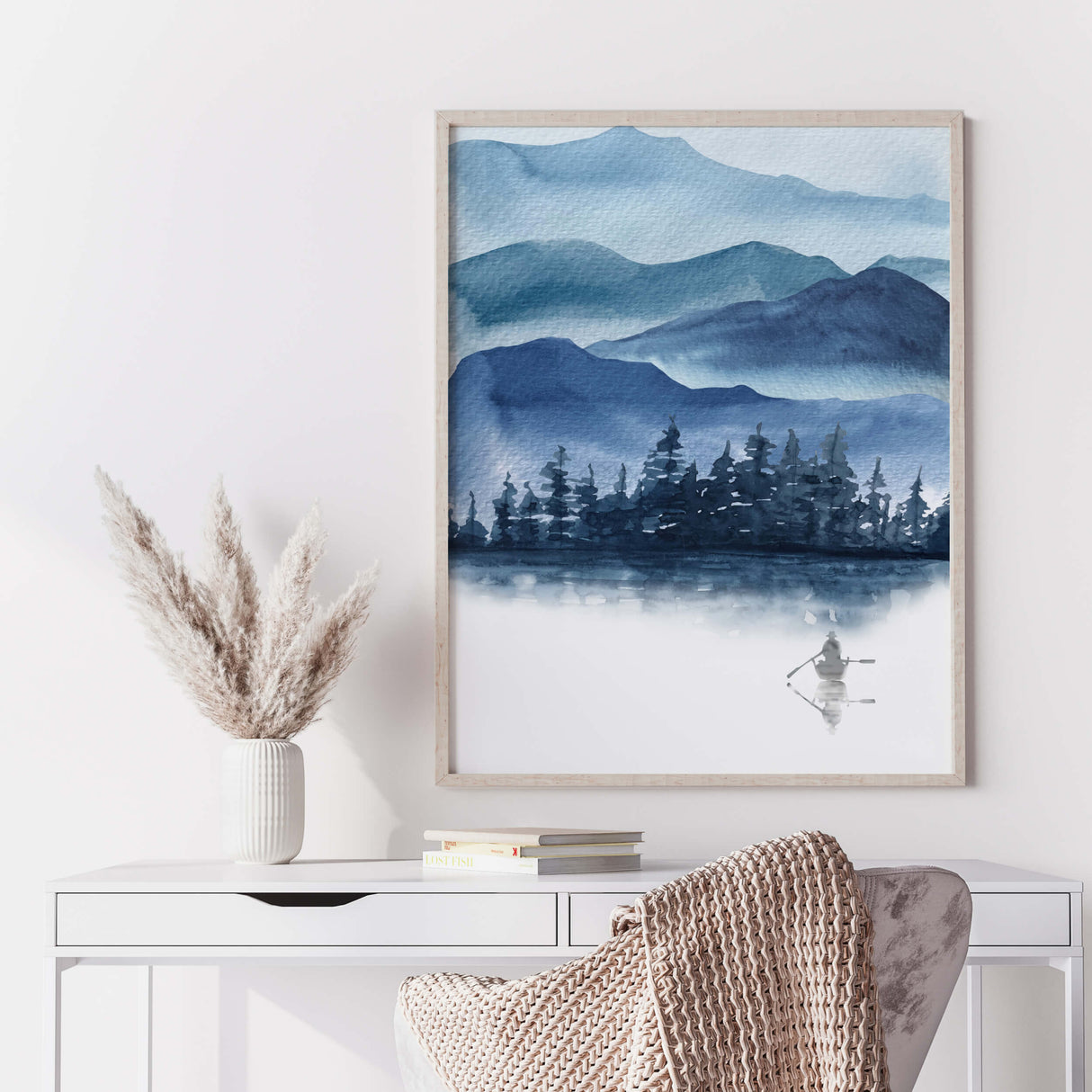 Watercolor blue mountains landscape print with a boating man for neutral home decor, white home decor, boho home decor.