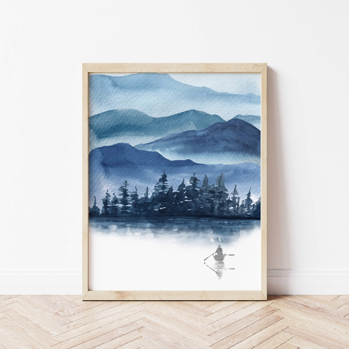 Watercolor blue mountains landscape poster with a boating man for neutral home decor, white home decor, boho home decor.