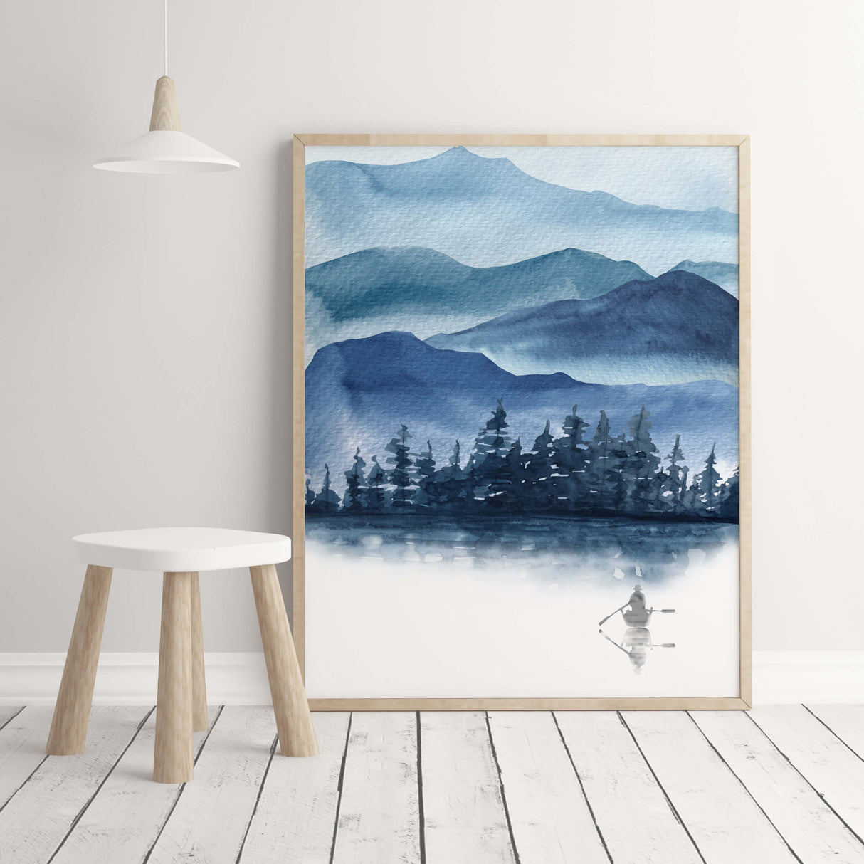 Watercolor blue mountains landscape printable with a boating man and pine for neutral home decor, white home decor, boho home decor.