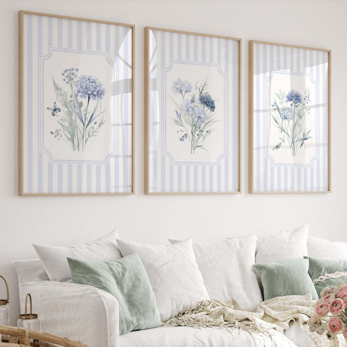 Blue hydrangea flower wall art print set for nursery decor with striped background