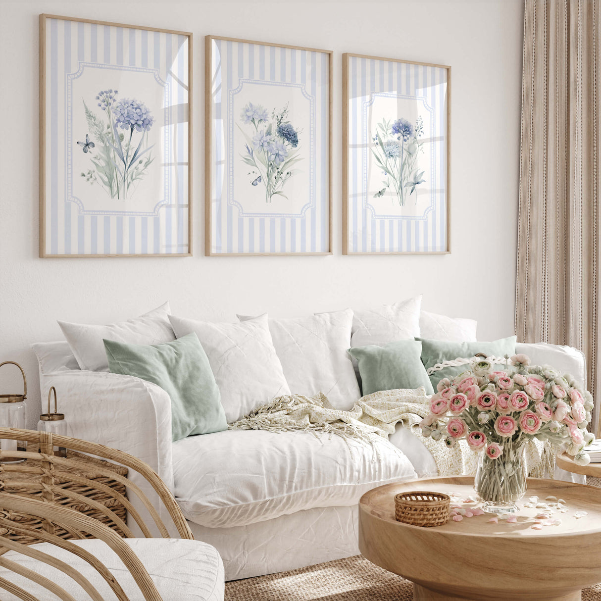 Printable wildflower botanical poster set in soft blue and white for gender-neutral nursery