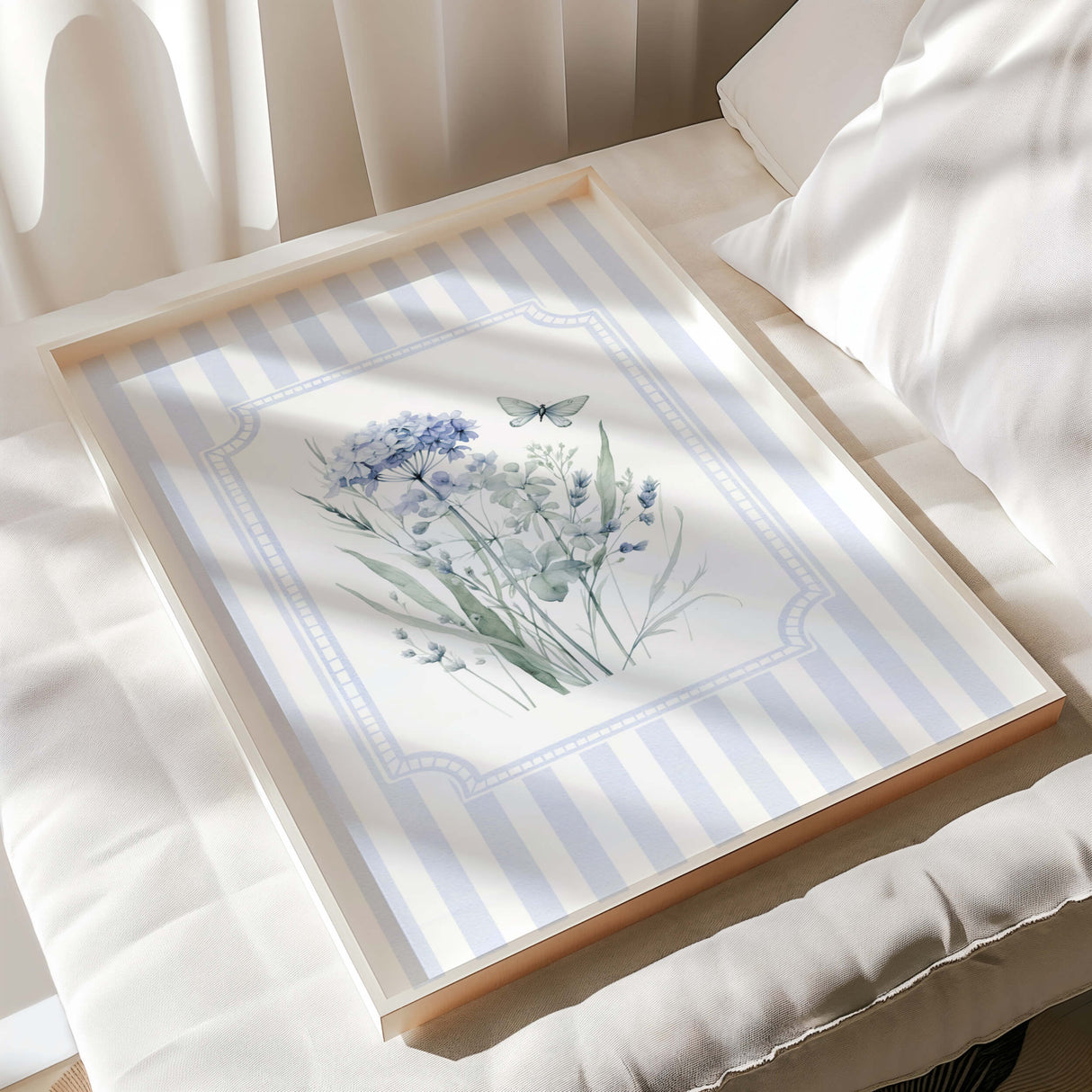 Set of 6 botanical blue stripe floral prints for baby boy nursery wall