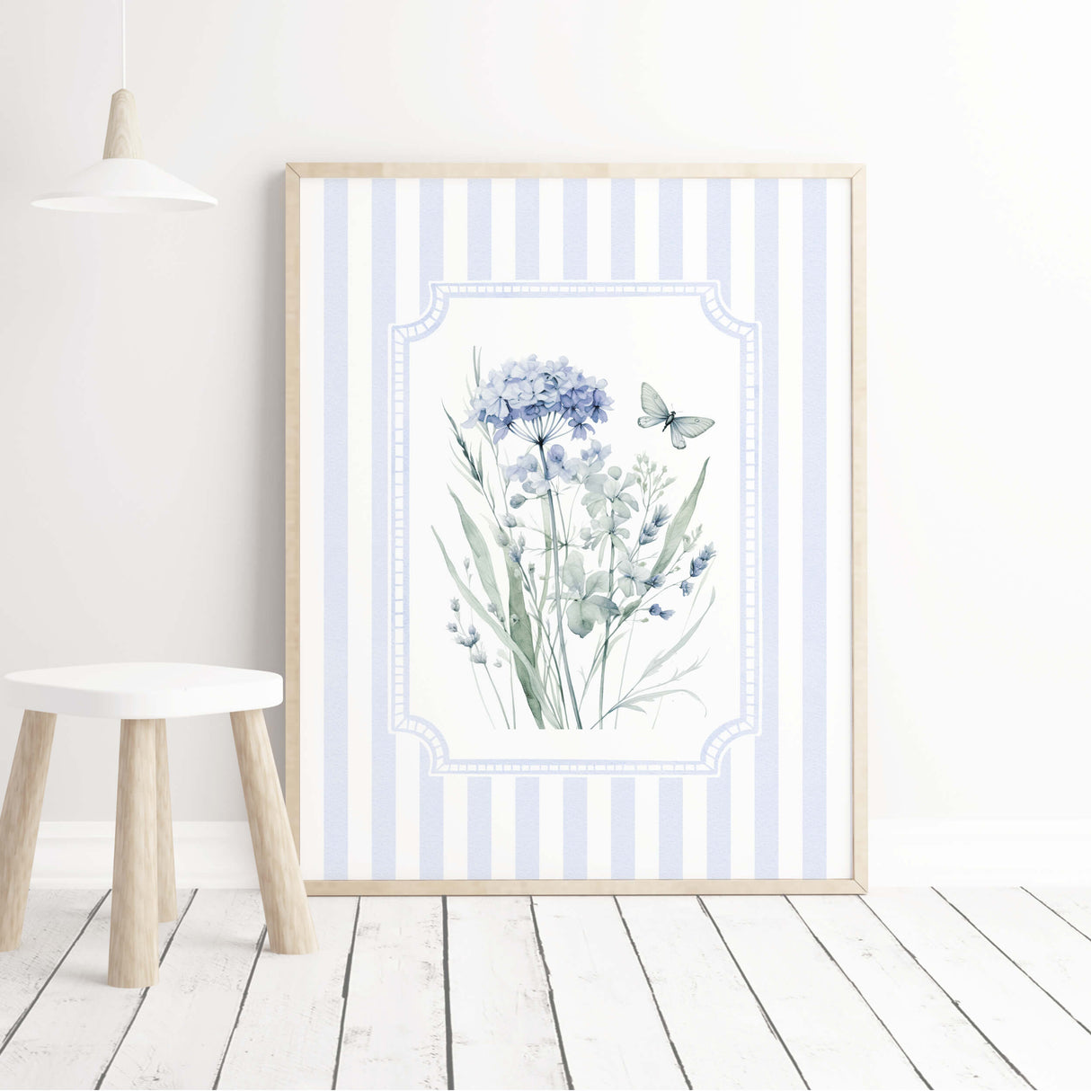 Digital wall art with blue wildflowers and butterflies for baby room gallery wall