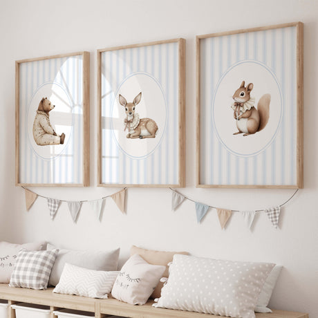 Watercolor vintage animal on blue striped background print for baby boys room decor, boys nursery decor, striped nursery decor, blue brown nursery decor, rococo nursery decor, luxury nursery decor, cottagecore nursery decor, baroque nursery decor, includes animals: deer, bear, squirrel, badger.