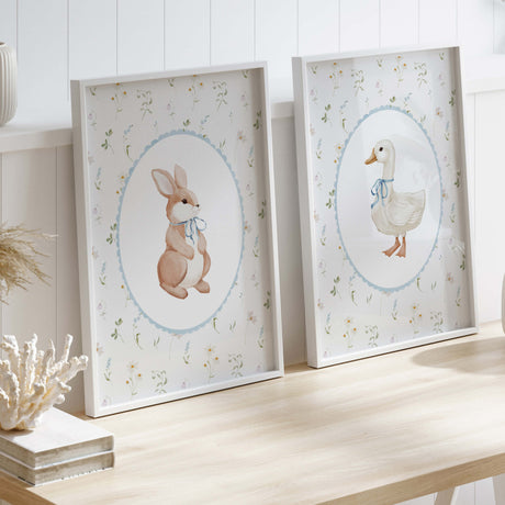 Watercolor bunny and goose print for baby boys room decor, toddler room decor, blue nursery decor, boho nursery decor, cottagecore nursery decor, vintage nursery decor.