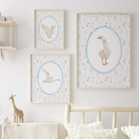 Farmhouse style goose printables for nursery, digital download art with delicate floral pattern background, cottagecore baby room decor in wooden frames