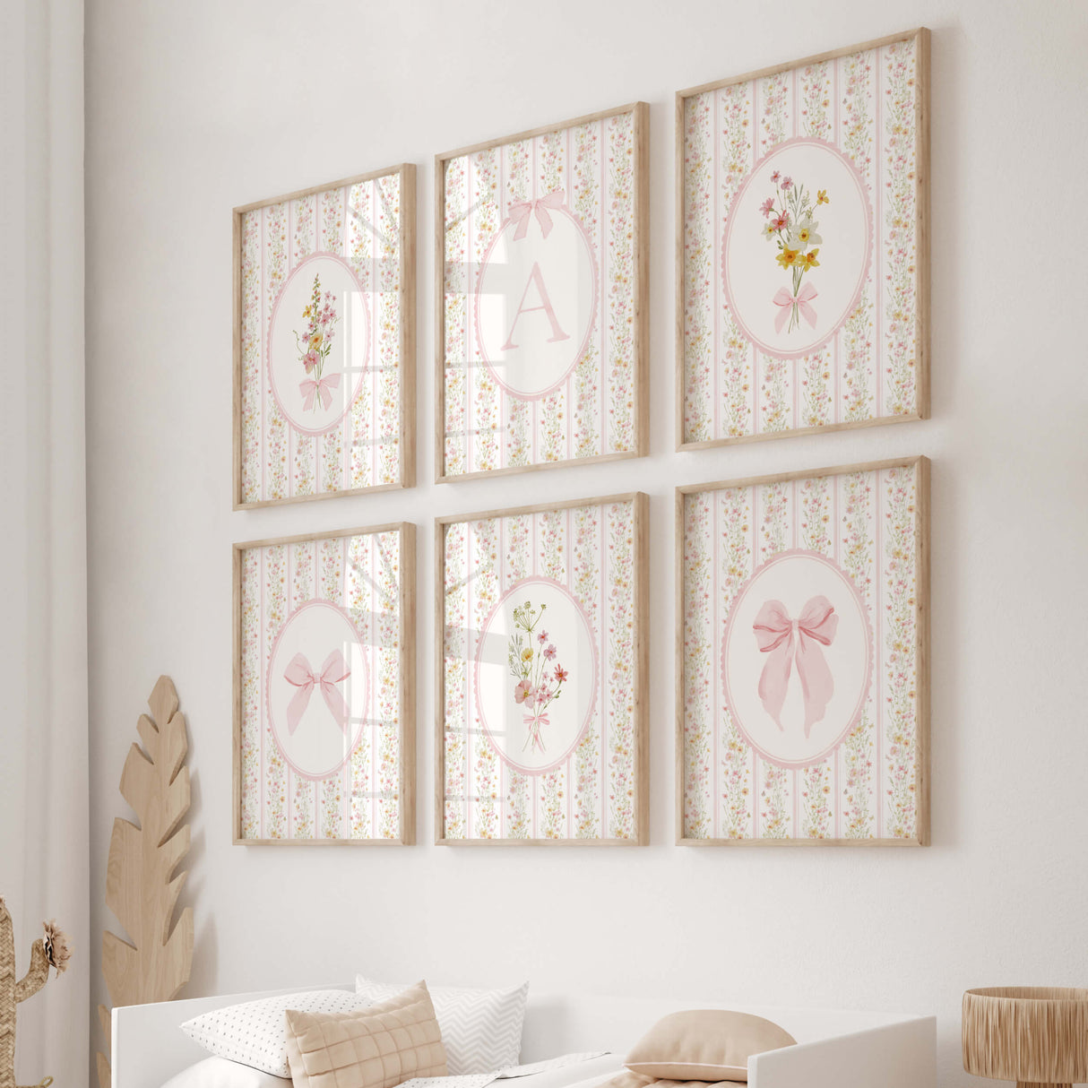 Vintage floral initial letters nursery wall art bundle with pink wildflowers printable