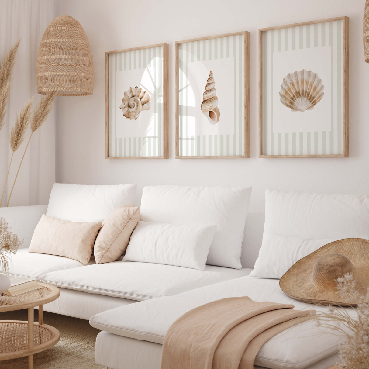 Ocean-inspired neutral wall art set of 6 seashell prints.