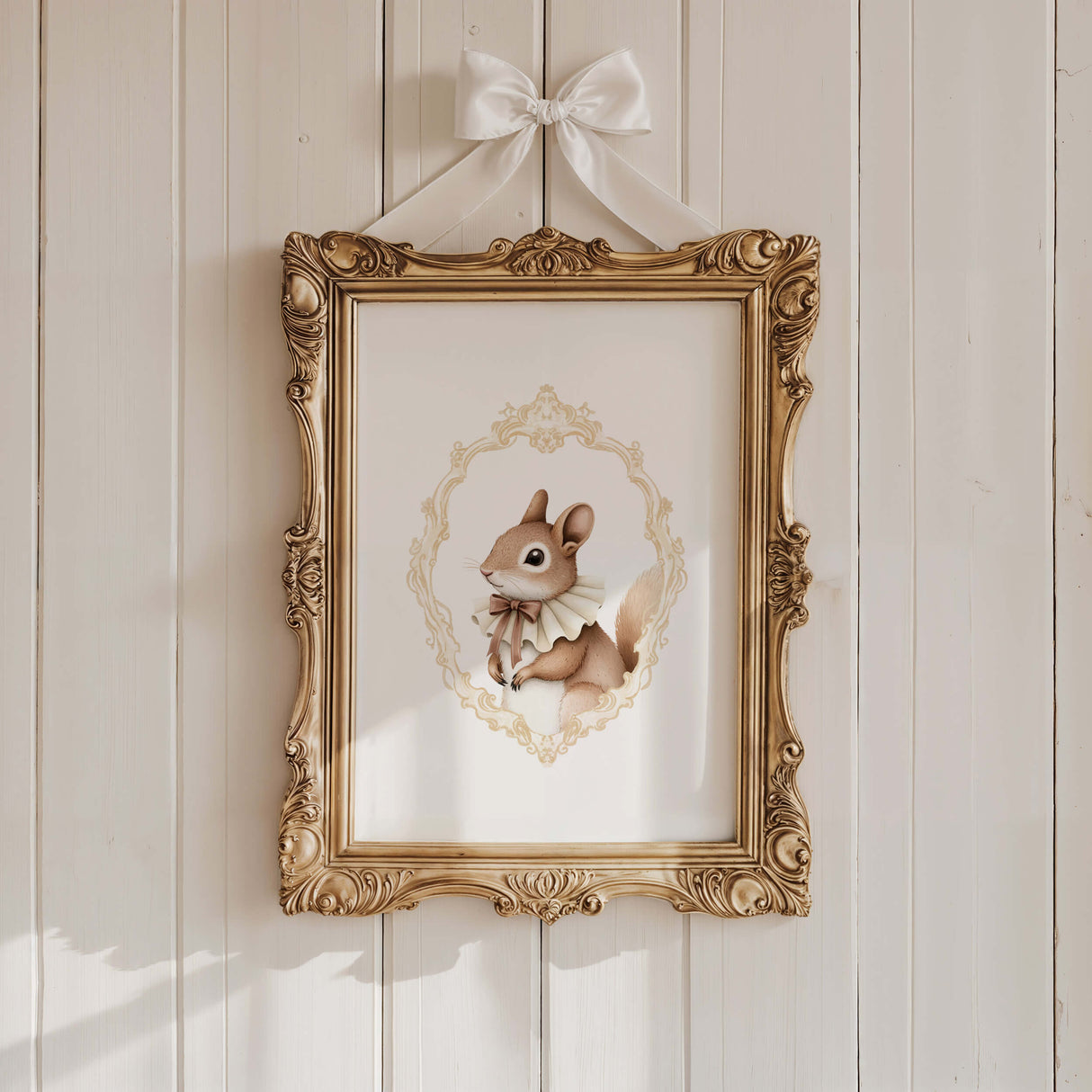 Watercolor vintage squirrel portrait with yellow baroque crest print for gender neutral nursery decor, victorian nursery decor, beige white nursery decor, rococo nursery decor, luxury nursery decor, baroque nursery decor.