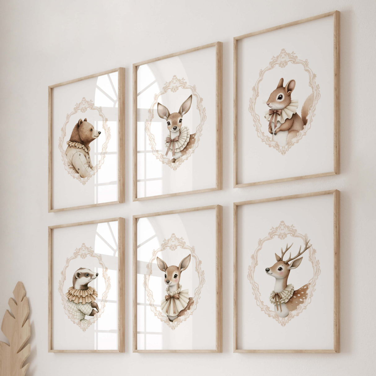 Watercolor beige vintage woodland animal portrait with beige baroque crest printable for gender neutral nursery decor, victorian nursery decor, beige white nursery decor, rococo nursery decor, luxury nursery decor, baroque nursery decor, includes animals: deer, bear, squirrel, badger.