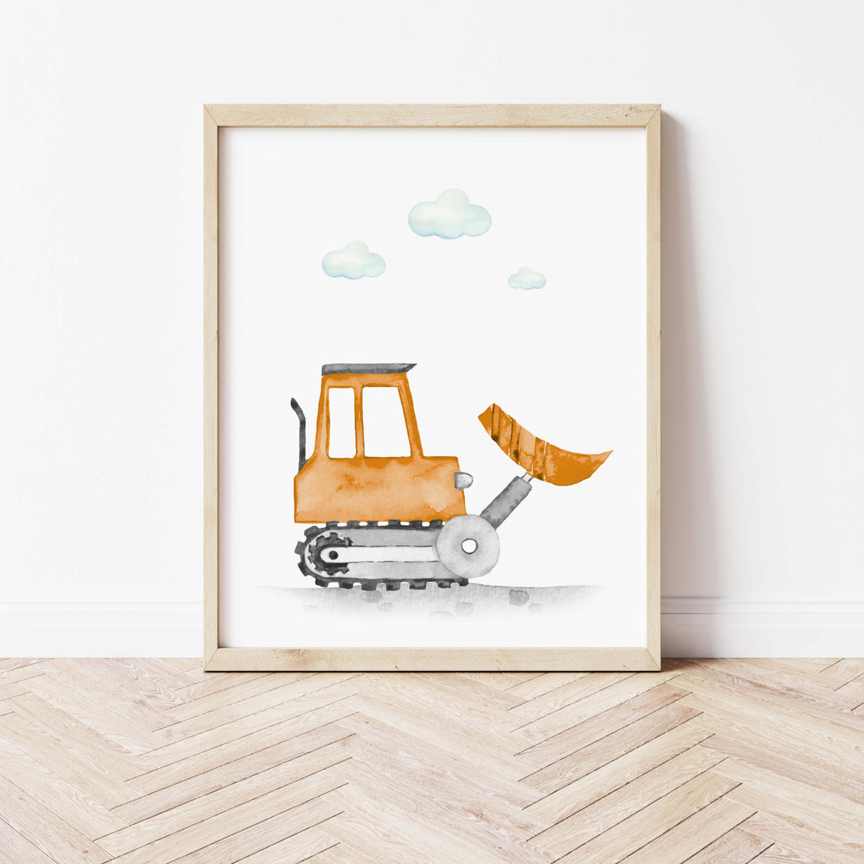Watercolor colorful construction vehicle print with bulldozer for toddler room decor, baby boys room decor, nursery room decor.