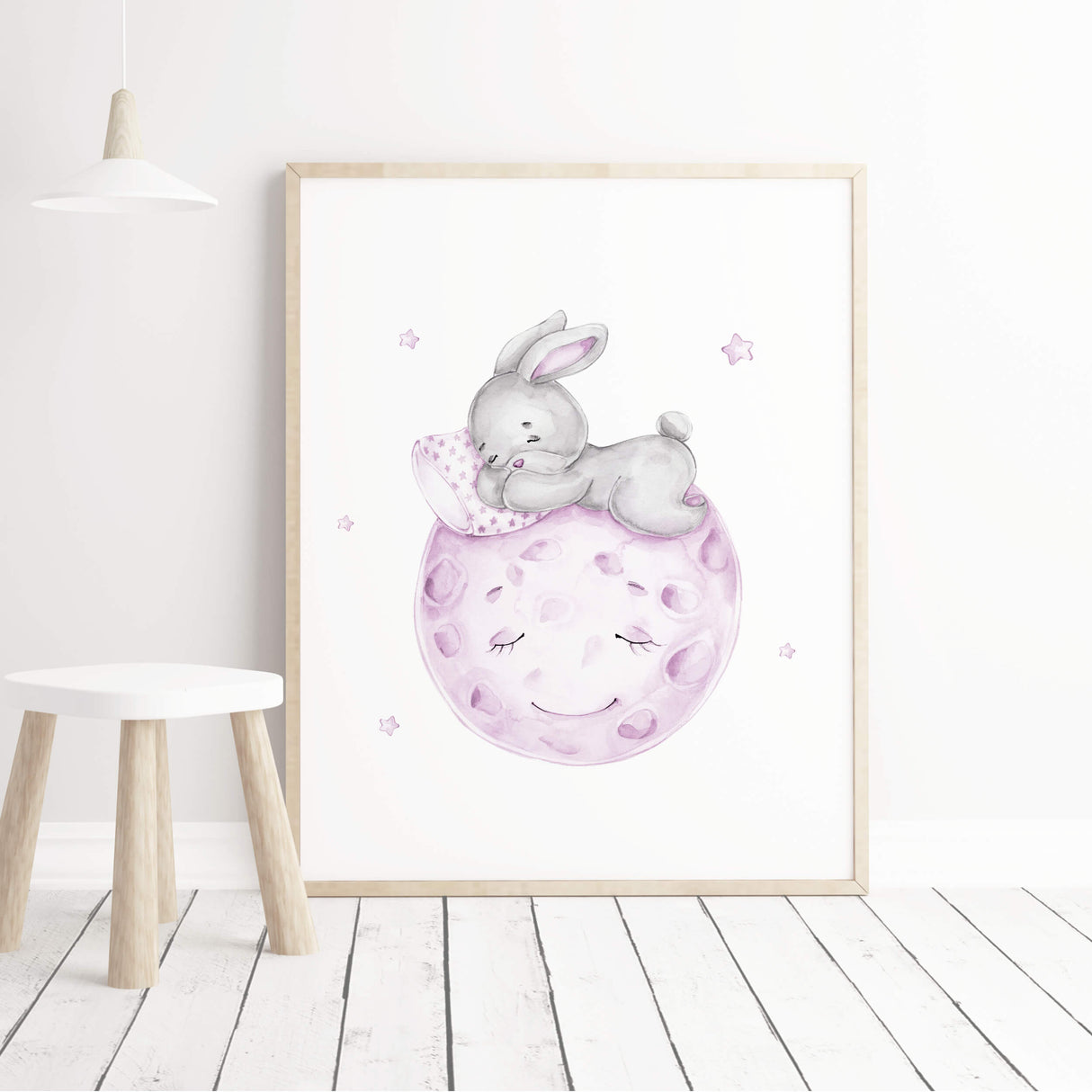 Watercolor bunny print with moon, stars, balloon in gray and purple colors for baby girls room decor, gender neutral nursery decor, lilac gray- grey nursery decor, purple gray nursery decor, grey nursery decor.