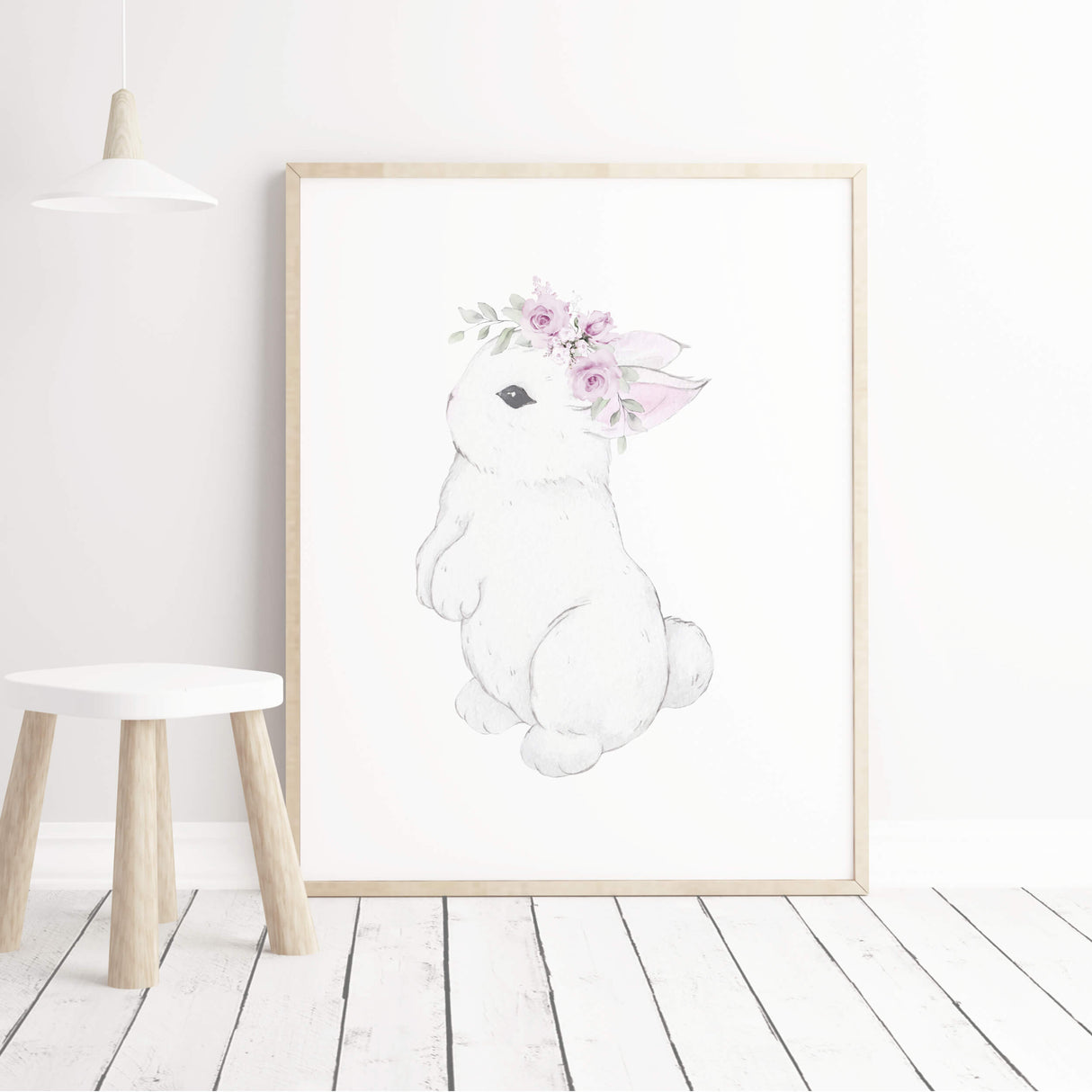 Watercolor bunny printable with bunny tail in white, gray, purple, lilac colors for baby girls room decor.
