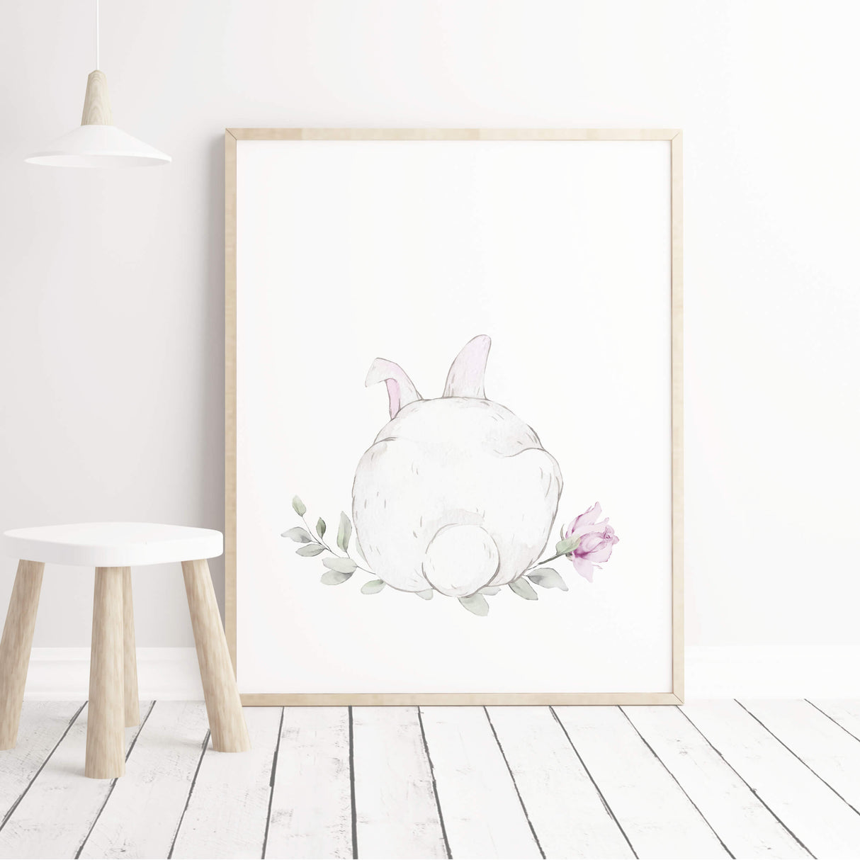 Watercolor bunny printable with bunny tail in white, gray, purple, lilac colors for baby girls room decor.