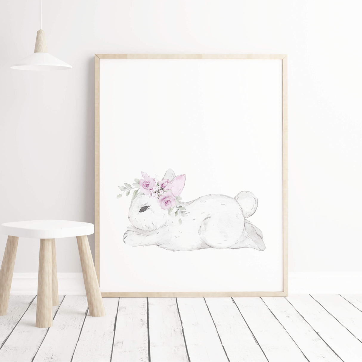 Watercolor bunny print with bunny tail in white, gray, purple, lilac colors for baby girls room decor.