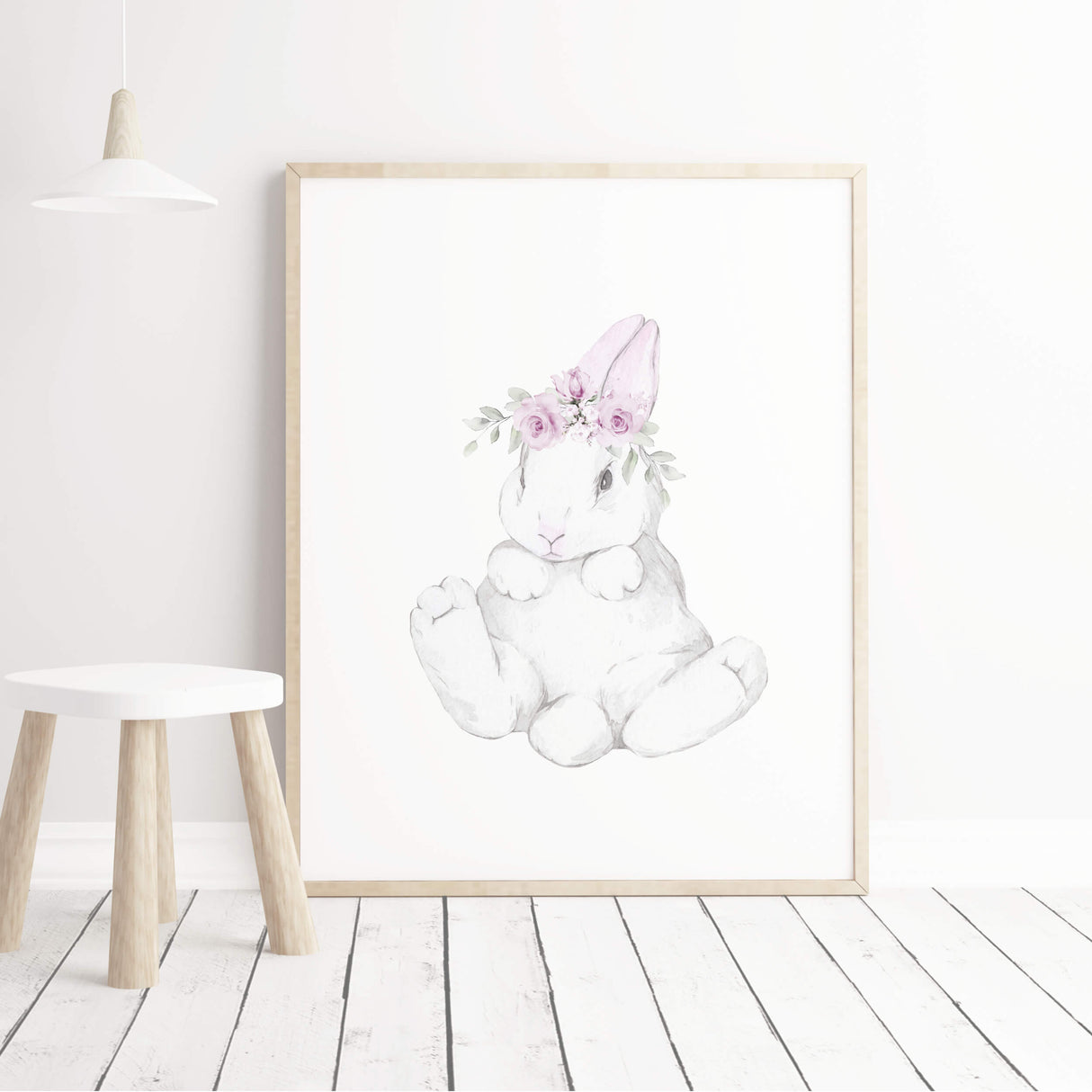 Watercolor bunny poster with bunny tail in white, gray, purple, lilac colors for baby girls room decor.