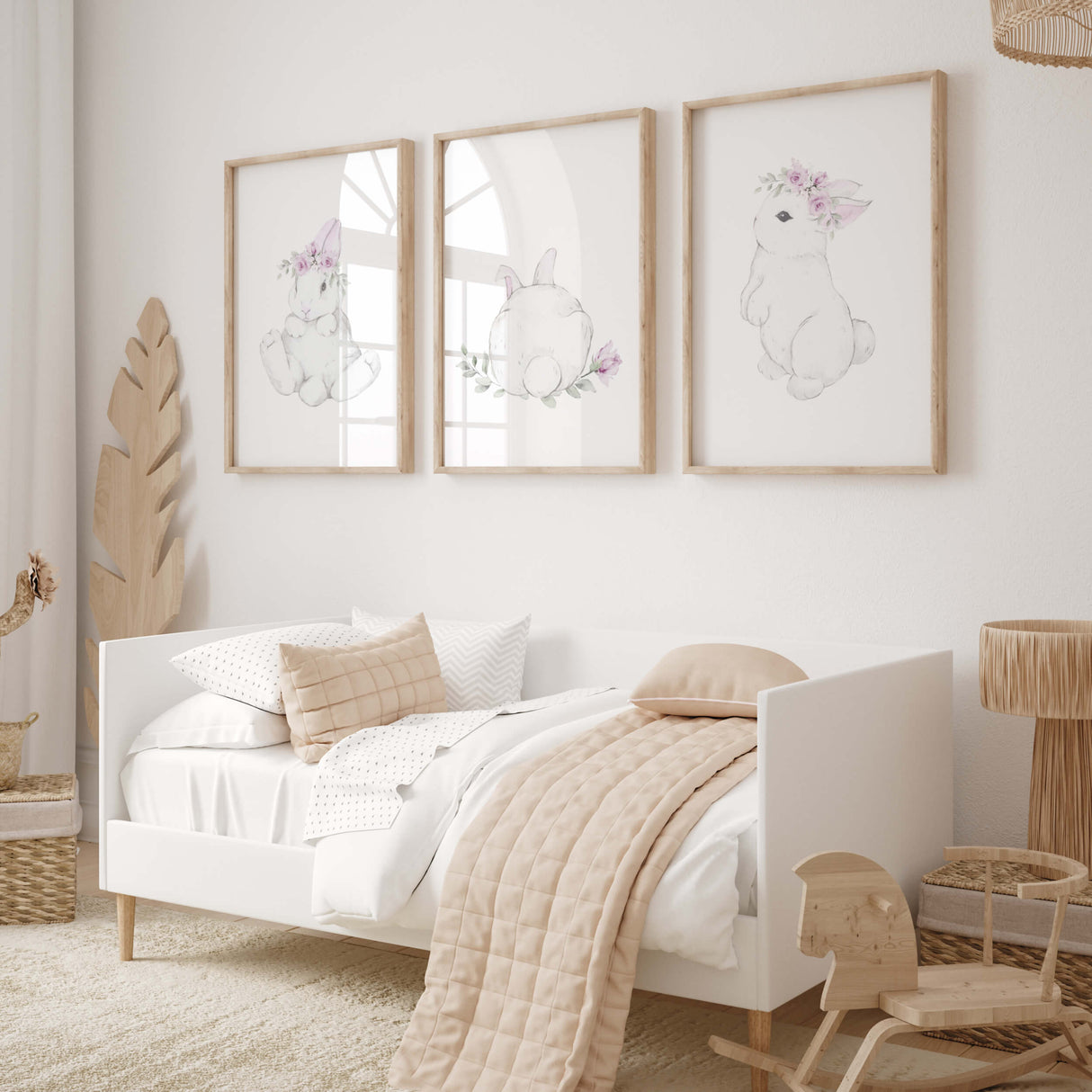 Watercolor bunny poster with bunny tail in white, gray, purple, lilac colors for baby girls room decor.