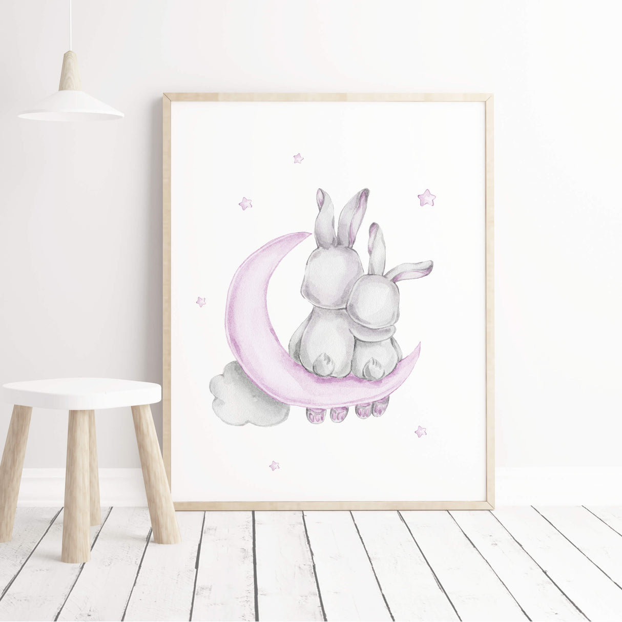 Watercolor bunny brother and sister printable with moon, stars, balloon in gray and purple colors for baby girls room decor, gender neutral nursery decor, lilac gray- grey nursery decor, purple gray nursery decor, grey nursery decor.