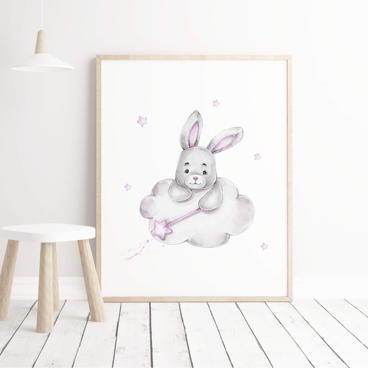 Watercolor bunny print on the cloud with moon, stars, balloon in gray and purple colors for baby girls room decor, gender neutral nursery decor, lilac gray- grey nursery decor, purple gray nursery decor, grey nursery decor.