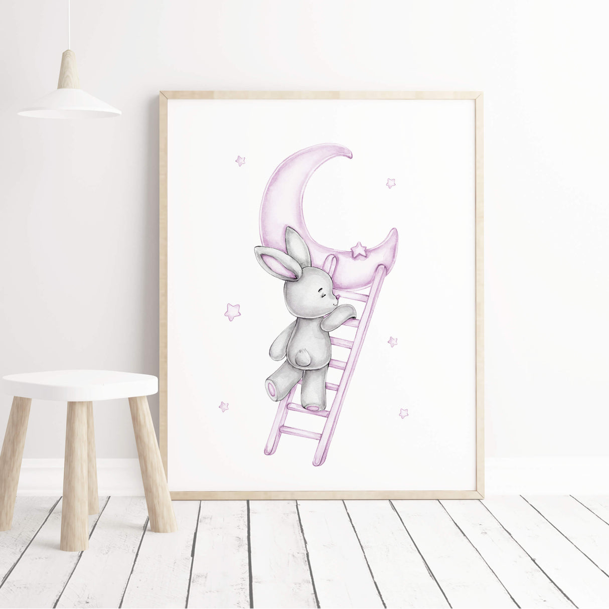 Watercolor bunny print with moon, stars, balloon in gray and purple colors for baby girls room decor, gender neutral nursery decor, lilac gray- grey nursery decor, purple gray nursery decor, grey nursery decor.