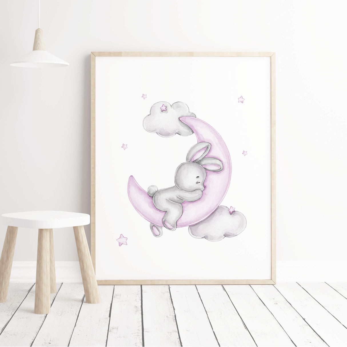 Watercolor bunny on the moon print with moon, stars, balloon in gray and purple colors for baby girls room decor, gender neutral nursery decor, lilac gray- grey nursery decor, purple gray nursery decor, grey nursery decor.