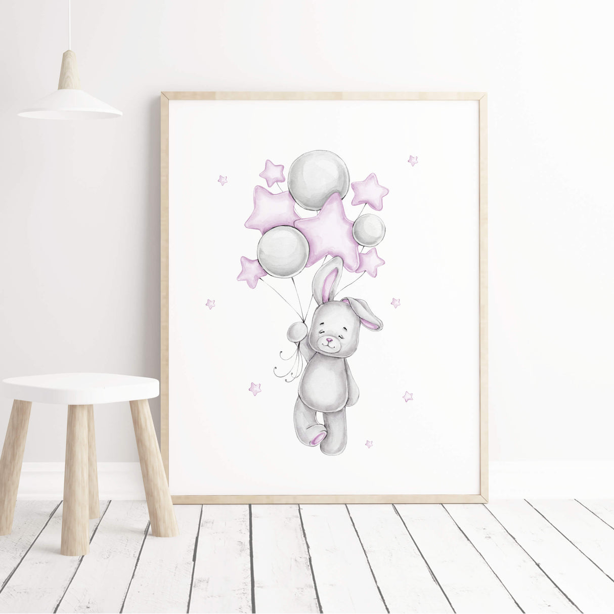 Watercolor bunny print with moon, stars, balloon in gray and purple colors for baby girls room decor, gender neutral nursery decor, lilac gray- grey nursery decor, purple gray nursery decor, grey nursery decor.