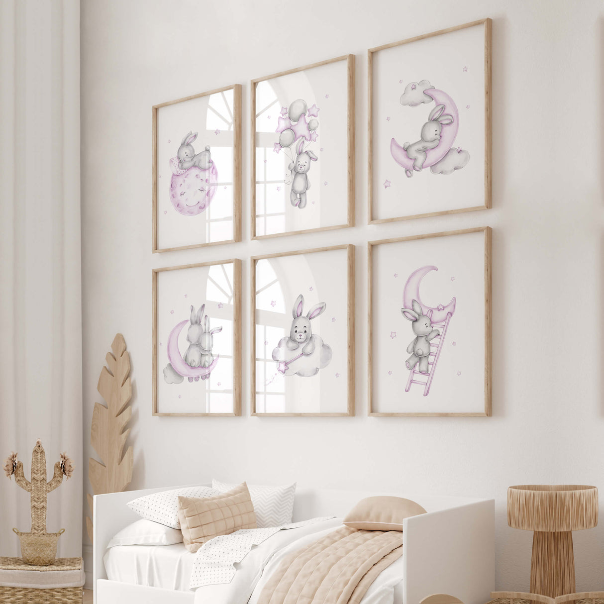 Watercolor bunny print with moon, stars, balloon in gray and purple colors for baby girls room decor, gender neutral nursery decor, lilac gray- grey nursery decor, purple gray nursery decor, grey nursery decor.