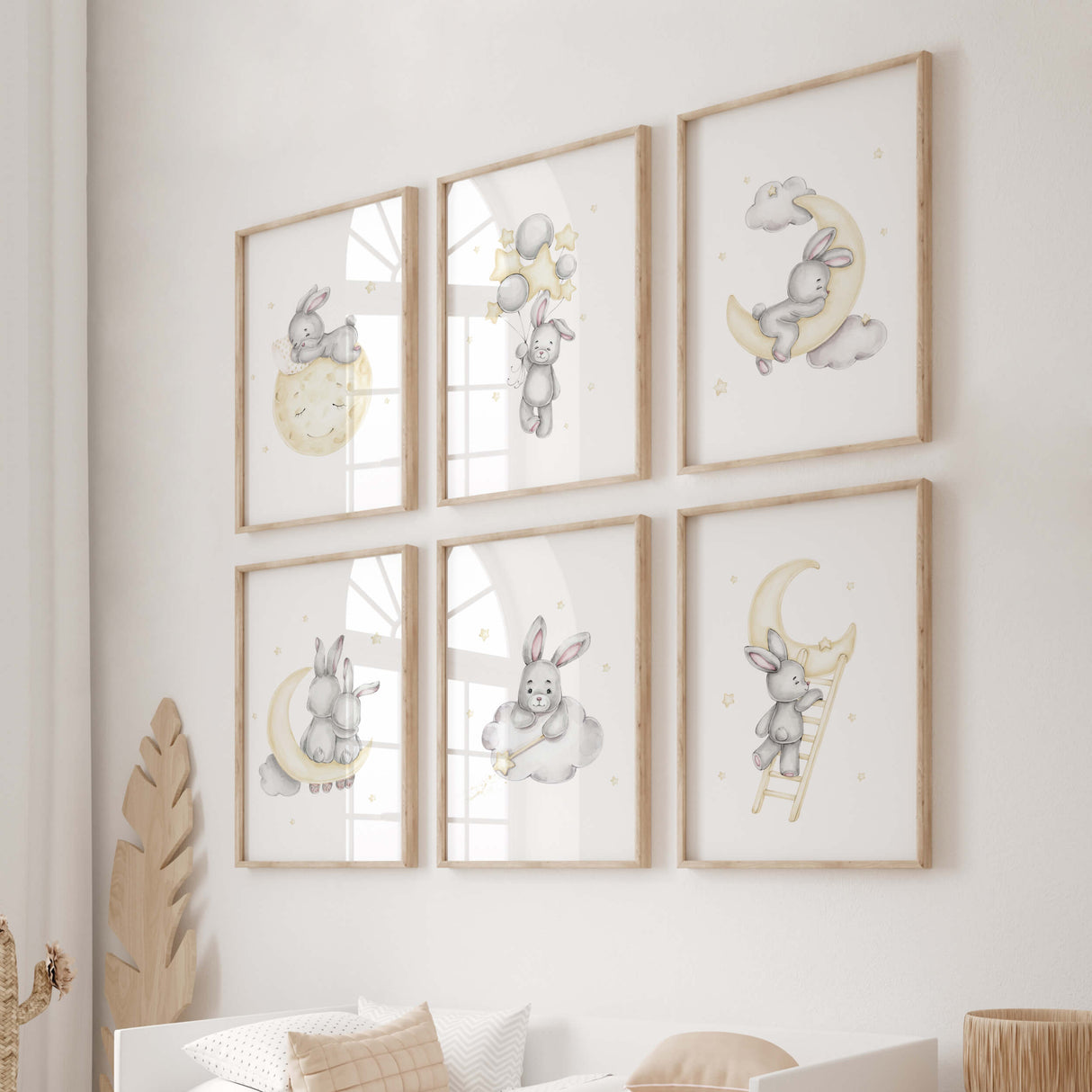 Watercolor bunny with stars, moon, clud, balloon printable in gray and yellow colors for baby girsl room decor, gender neutral nursery decor, blue nursery decor, yellow nursery decor.