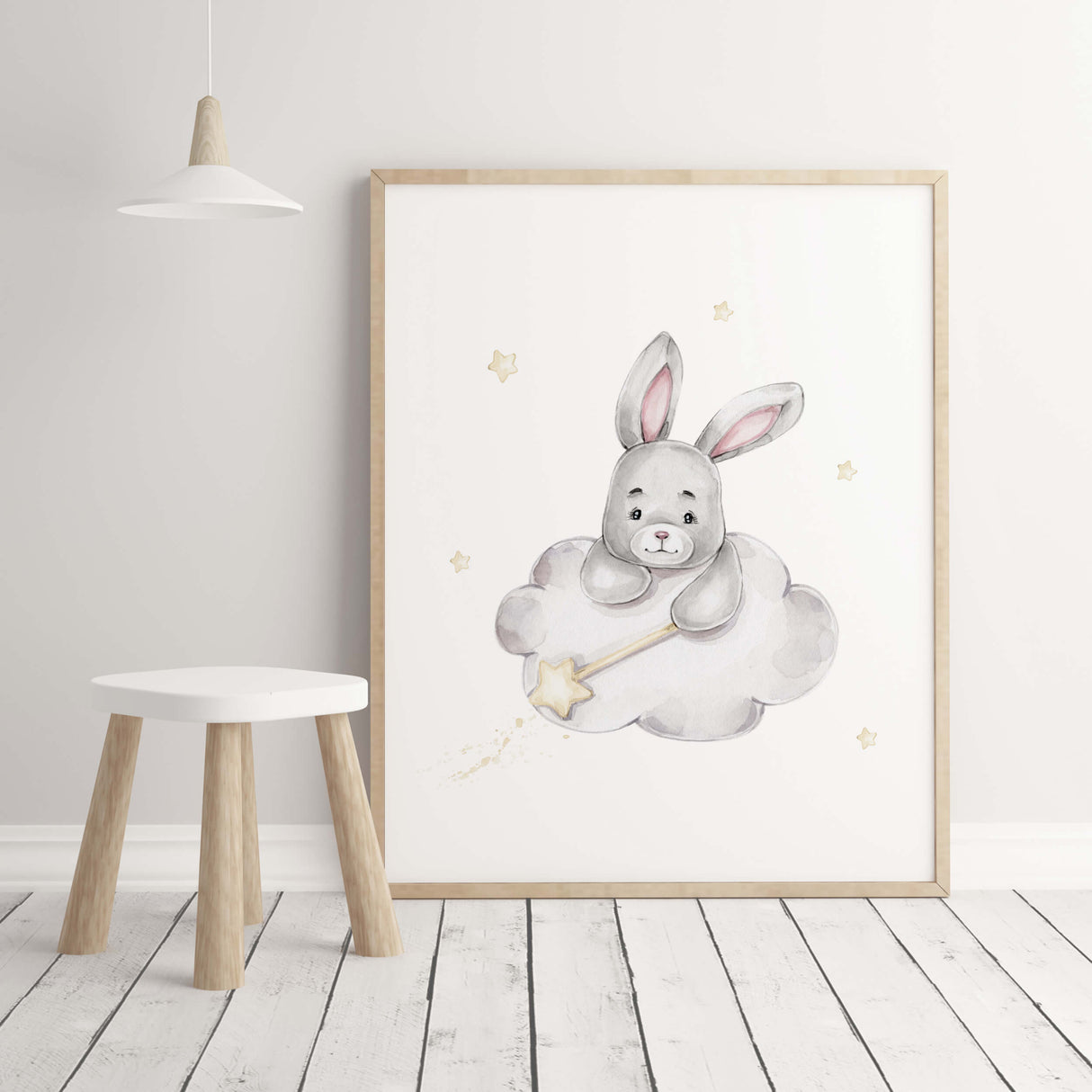 Watercolor bunny with stars, moon, clud, balloon printable in gray and yellow colors for baby girsl room decor, gender neutral nursery decor, blue nursery decor, yellow nursery decor.