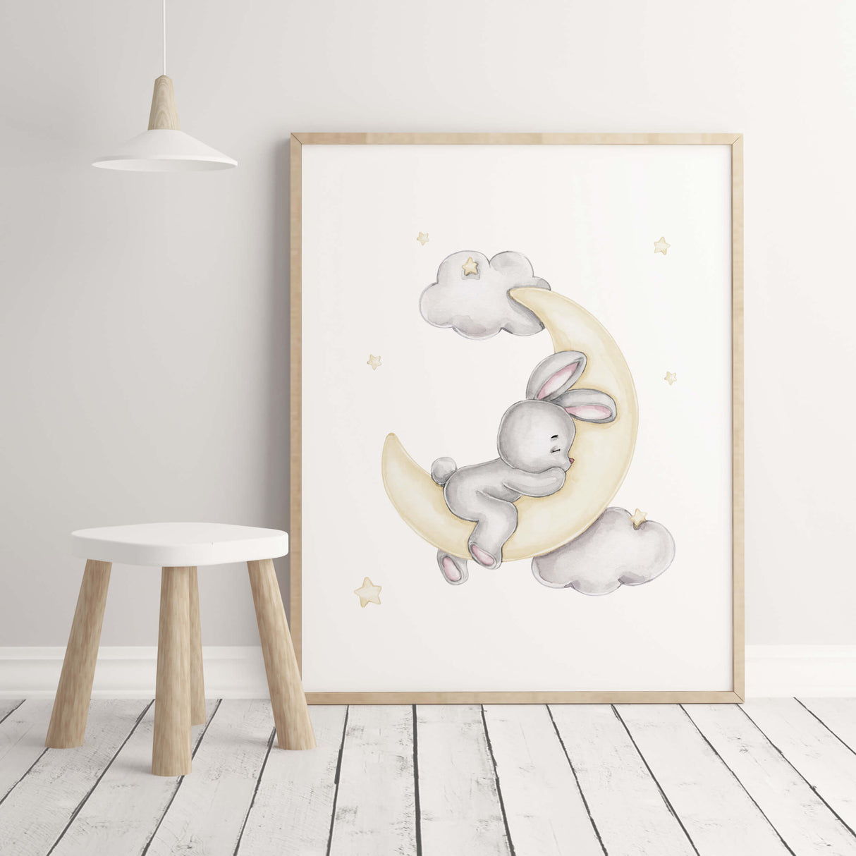 Watercolor bunny with stars, moon, clud, balloon poster in gray and yellow colors for baby girsl room decor, gender neutral nursery decor, blue nursery decor, yellow nursery decor.