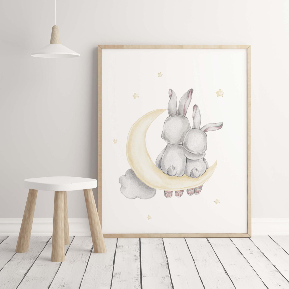 Watercolor bunny print in gray and yellow colors for baby girsl room decor, gender neutral nursery decor, blue nursery decor, yellow nursery decor.