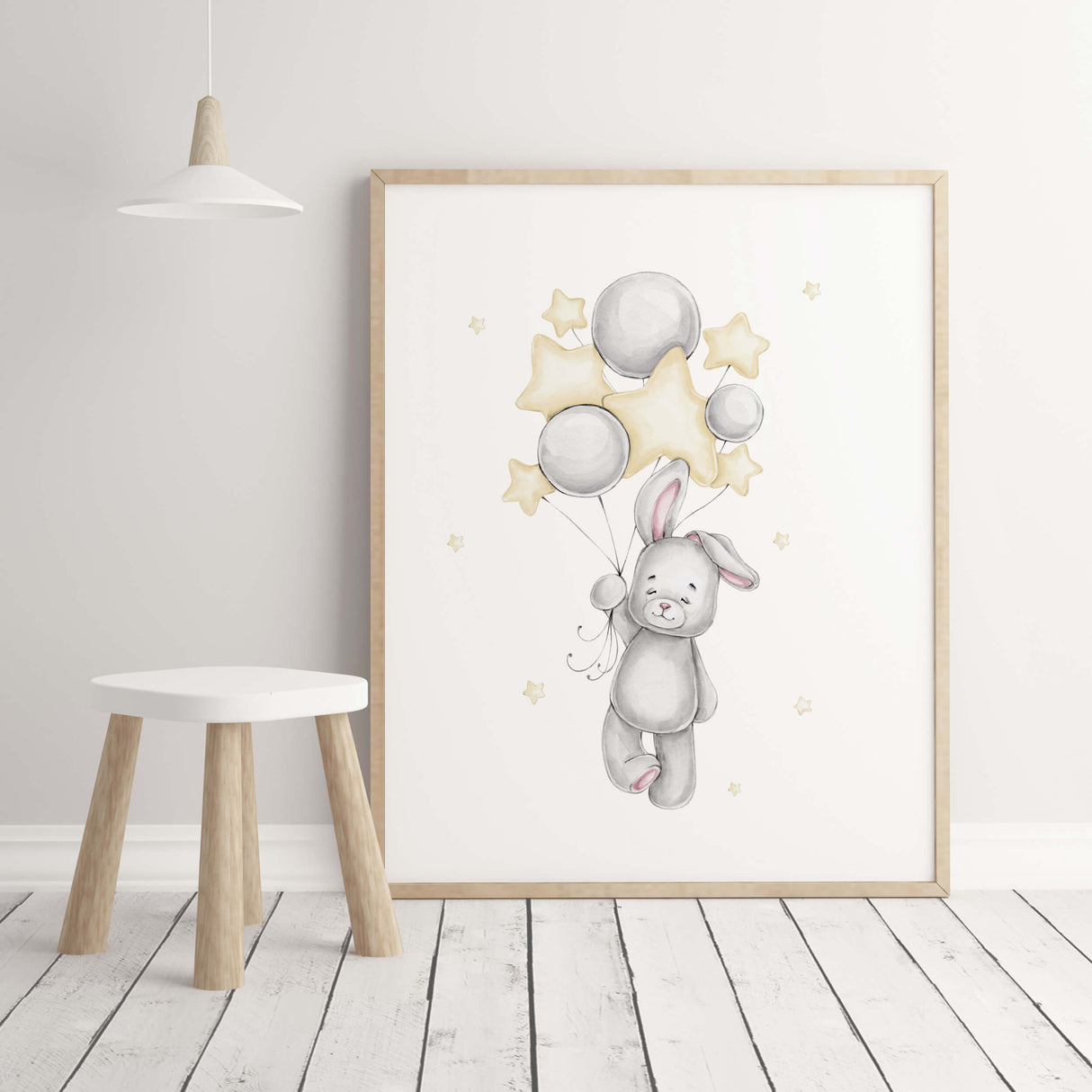 Watercolor bunny with stars, moon, clud, balloon printable in gray and yellow colors for baby girsl room decor, gender neutral nursery decor, blue nursery decor, yellow nursery decor.