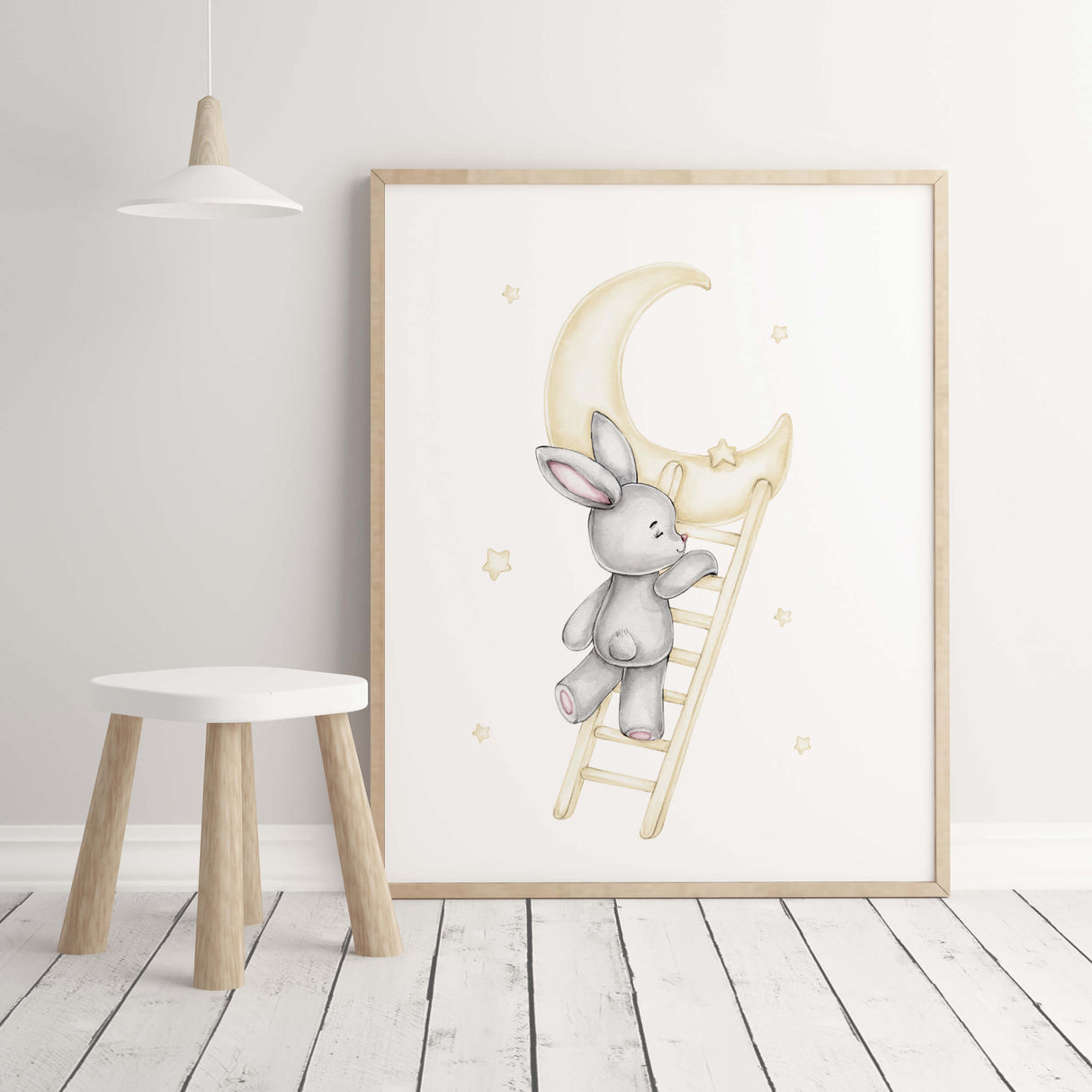 Watercolor bunny with stars, moon, clud, balloon printable in gray and yellow colors for baby girsl room decor, gender neutral nursery decor, blue nursery decor, yellow nursery decor.
