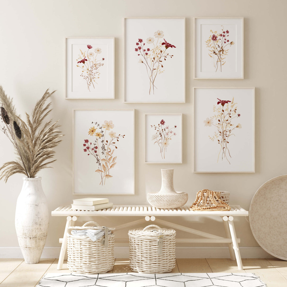 Watercolor burgundy, beige , brown wildflower printable for autumn home decor.