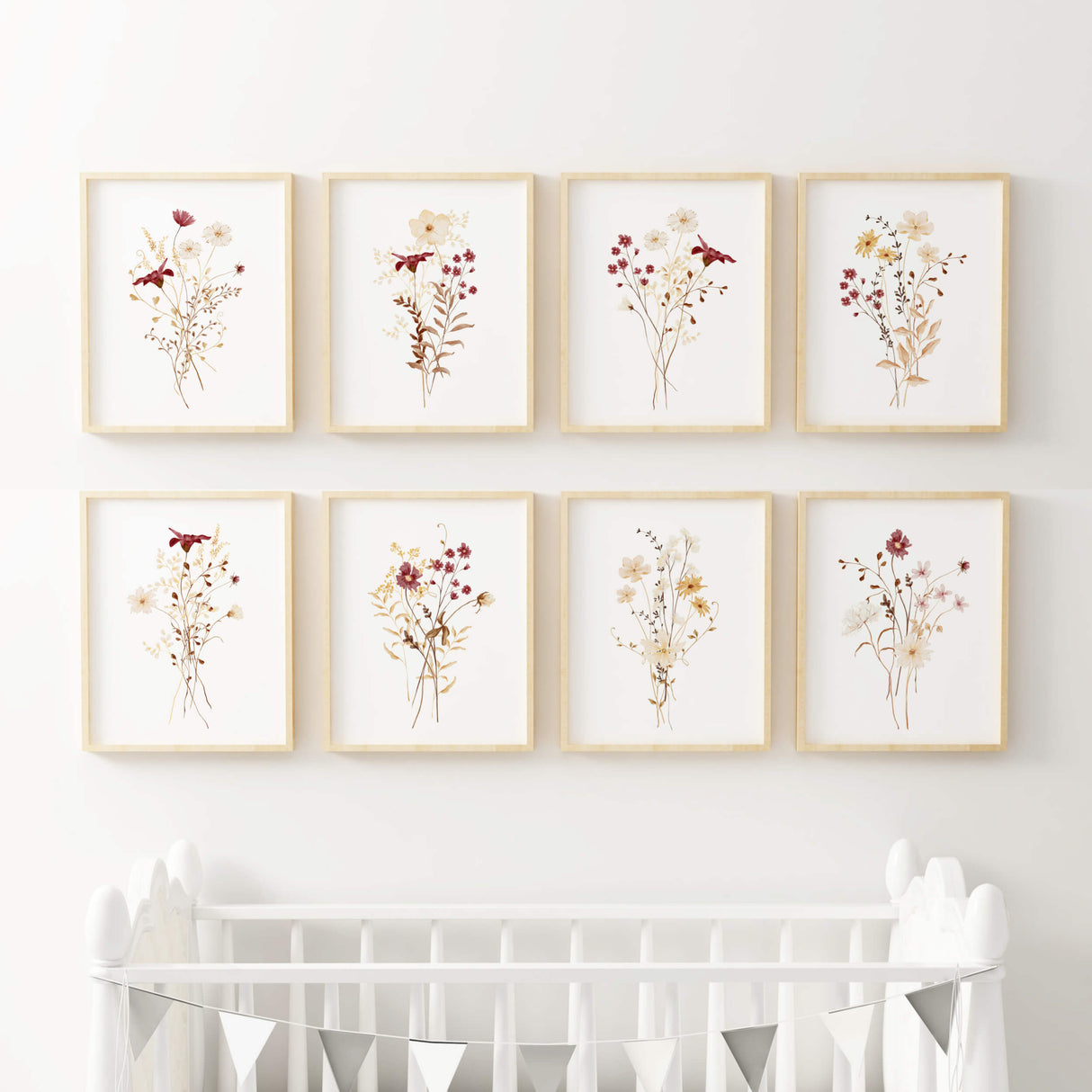 Set of 8 watercolor burgundy, beige , brown wildflower print for autumn home decor.